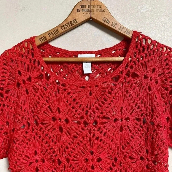 Chico’s Red Crochet Fringe Top Boho Festival Vacation Knit Blouse Size 0 Small - Picture 3 of 11
